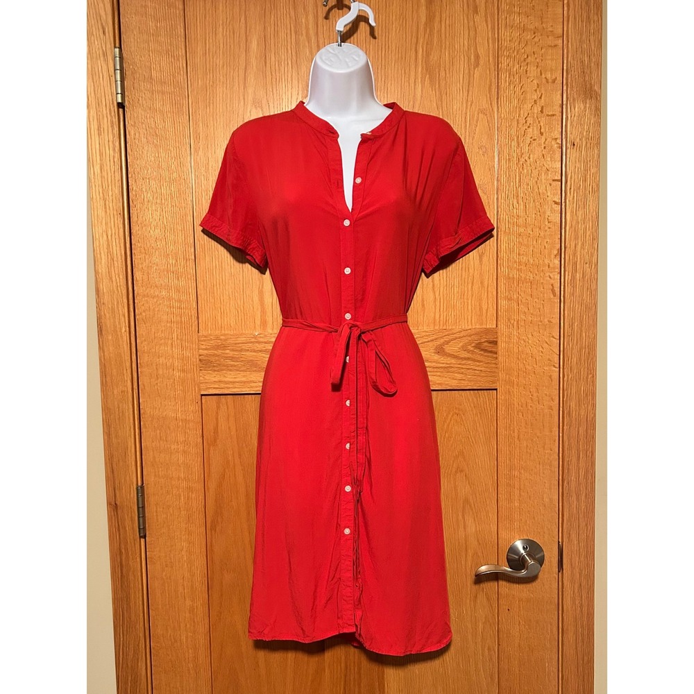 LOFT Red Orange Short Sleeve Button Front Belted Shirt Dress with Pockets Size M